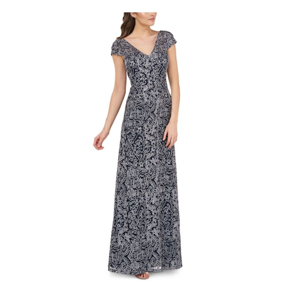 NWT JS COLLECTION Womens Navy Short Sleeve Formal Fit + Flare Dress 4